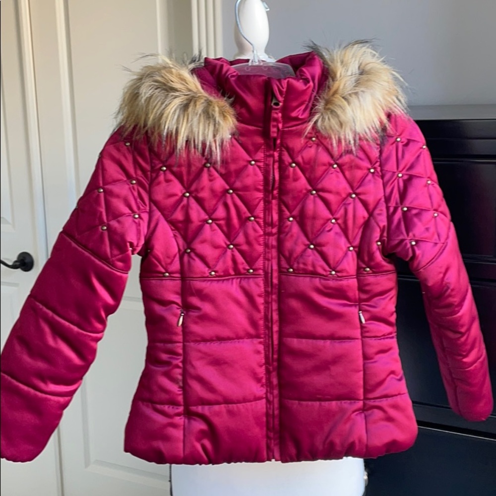 Red Jacket Puffer Coat with Faux Fur Trim on hood